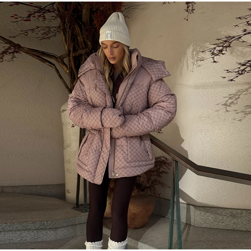 Women Swirl Print Hooded Puffer Jacket Stand Collar Zip Up Long Sleeve Loose Bubble Quilted Coat 2026 Winter Casual Warm Jackets