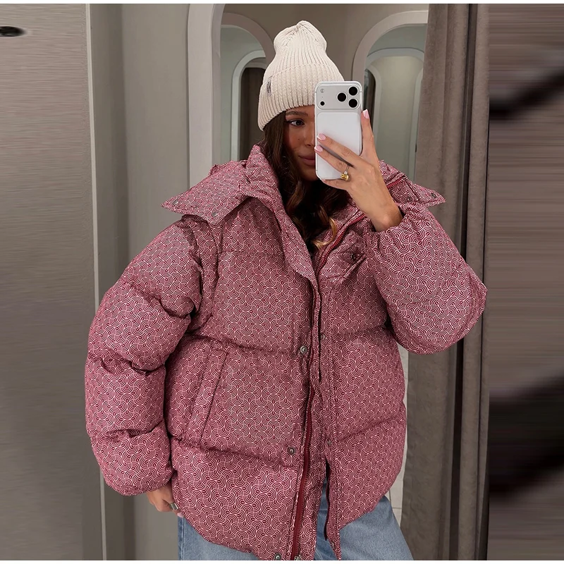Women Swirl Print Hooded Puffer Jacket Stand Collar Zip Up Long Sleeve Loose Bubble Quilted Coat 2026 Winter Casual Warm Jackets