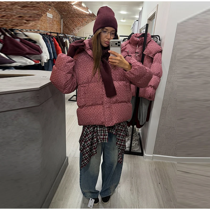 Women Swirl Print Hooded Puffer Jacket Stand Collar Zip Up Long Sleeve Loose Bubble Quilted Coat 2026 Winter Casual Warm Jackets
