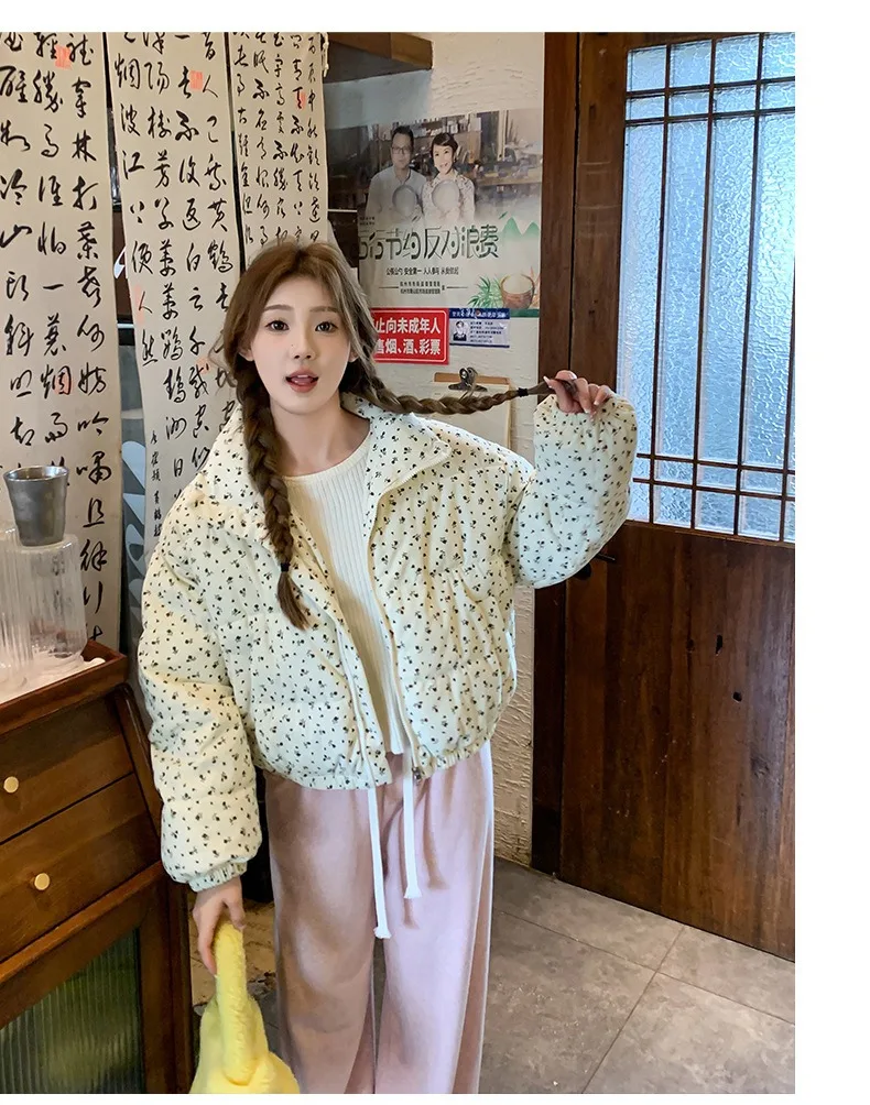 Women Parkas Jackets Casual Coats Floral Print Hooded Drawstring Zipper Long Sleeve Thick Slight Strech Street Wear 2026 Winter