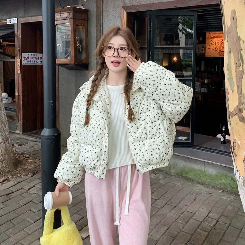 Women Parkas Jackets Casual Coats Floral Print Hooded Drawstring Zipper Long Sleeve Thick Slight Strech Street Wear 2026 Winter