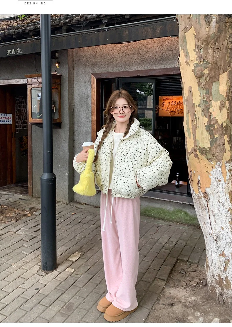 Women Parkas Jackets Casual Coats Floral Print Hooded Drawstring Zipper Long Sleeve Thick Slight Strech Street Wear 2026 Winter