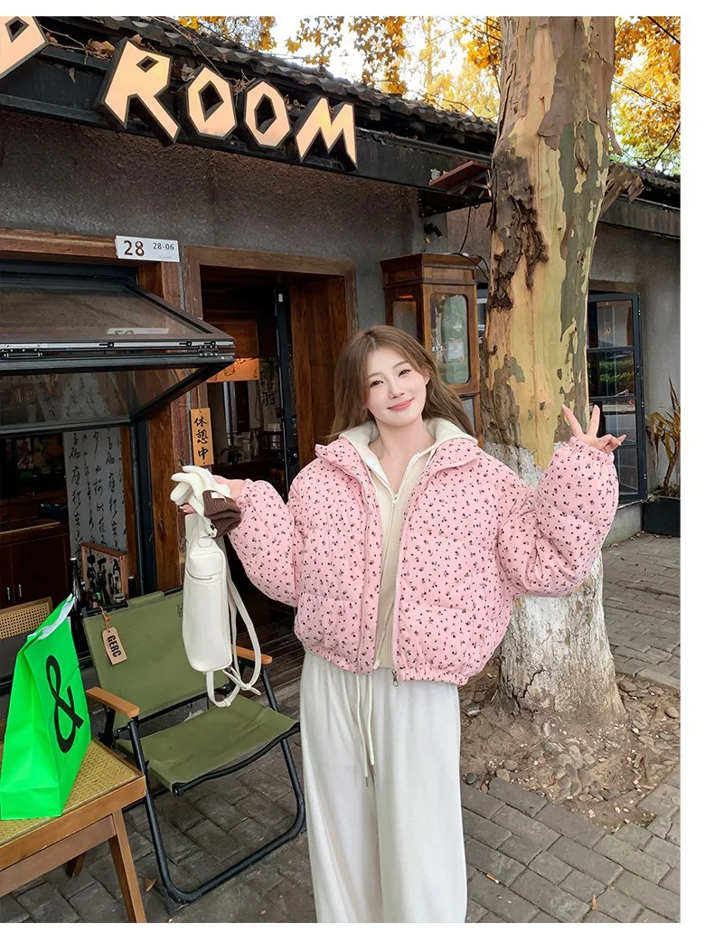 Women Parkas Jackets Casual Coats Floral Print Hooded Drawstring Zipper Long Sleeve Thick Slight Strech Street Wear 2026 Winter