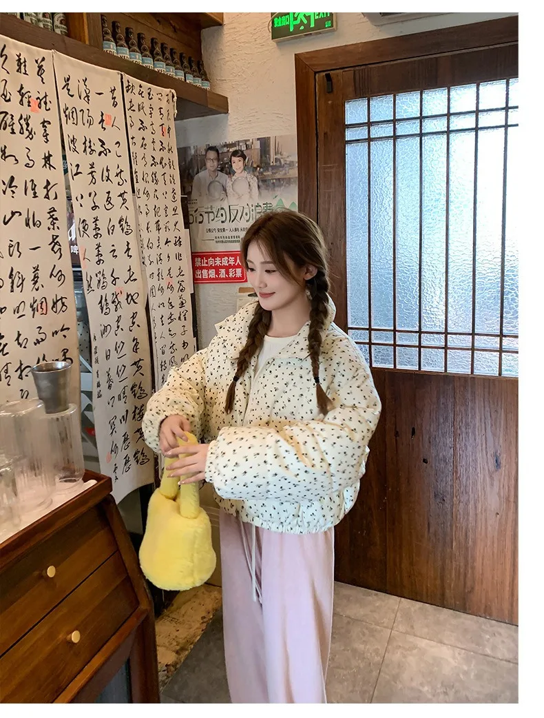 Women Parkas Jackets Casual Coats Floral Print Hooded Drawstring Zipper Long Sleeve Thick Slight Strech Street Wear 2026 Winter