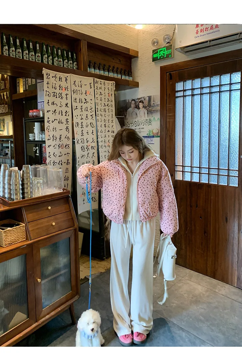 Women Parkas Jackets Casual Coats Floral Print Hooded Drawstring Zipper Long Sleeve Thick Slight Strech Street Wear 2026 Winter