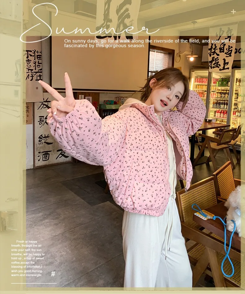 Women Parkas Jackets Casual Coats Floral Print Hooded Drawstring Zipper Long Sleeve Thick Slight Strech Street Wear 2026 Winter