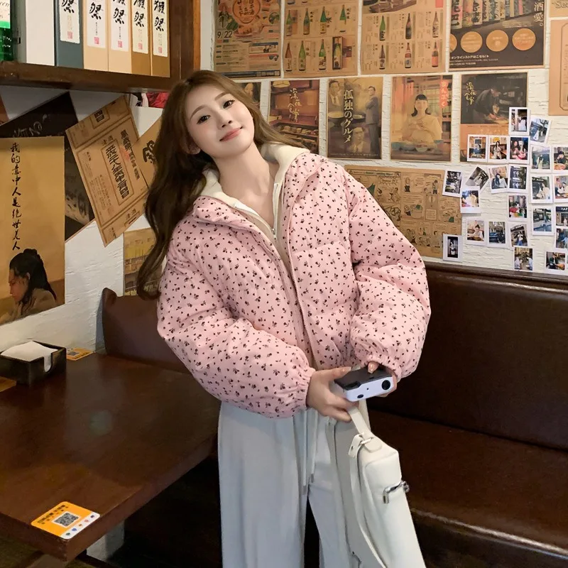 Women Parkas Jackets Casual Coats Floral Print Hooded Drawstring Zipper Long Sleeve Thick Slight Strech Street Wear 2026 Winter
