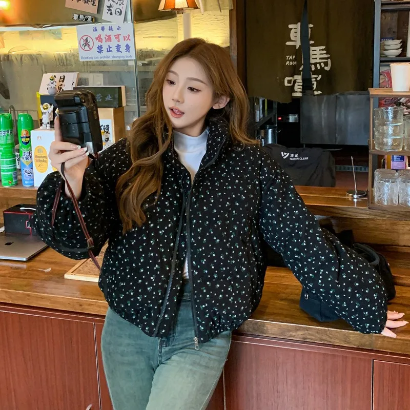 Women Parkas Jackets Casual Coats Floral Print Hooded Drawstring Zipper Long Sleeve Thick Slight Strech Street Wear 2026 Winter