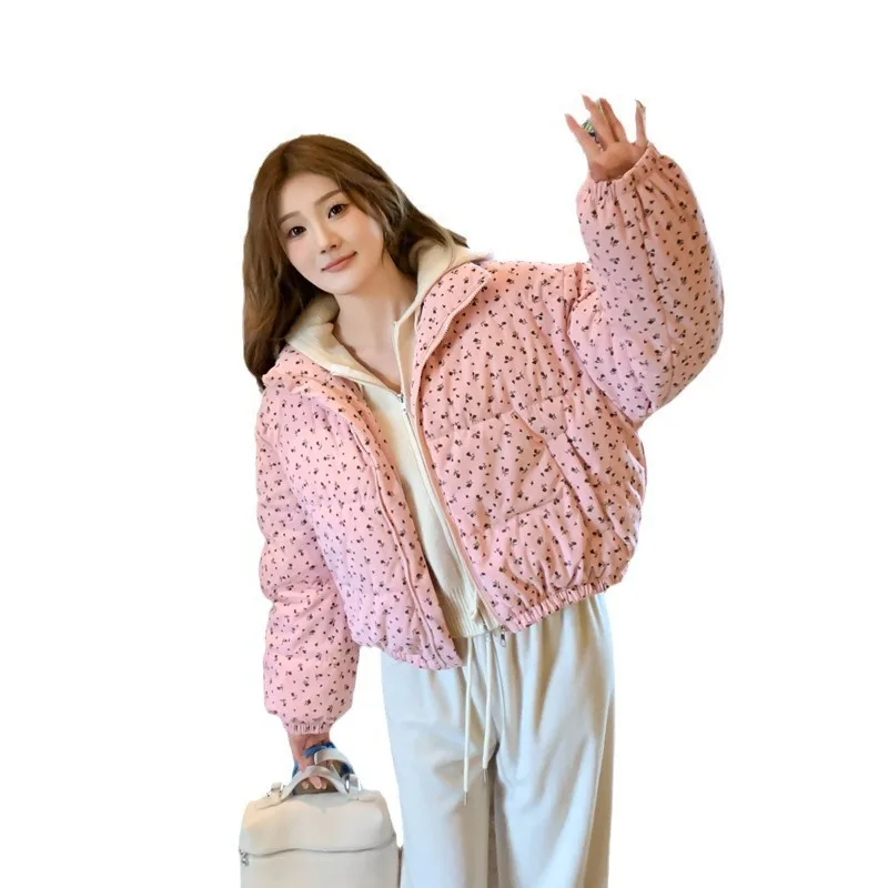 Women Parkas Jackets Casual Coats Floral Print Hooded Drawstring Zipper Long Sleeve Thick Slight Strech Street Wear 2026 Winter