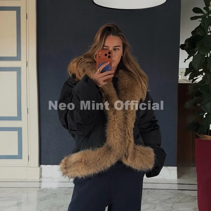 Neo Mint Cozy Girls Furry Shawl Collar Quilted Puffer Bomber Jacket Women Winter Hot Fashion Faux Fur Trim Parkas Coat Outerwear