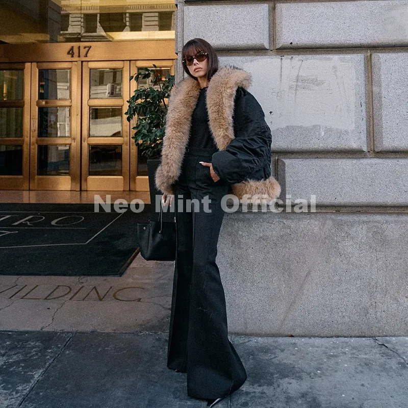 Neo Mint Cozy Girls Furry Shawl Collar Quilted Puffer Bomber Jacket Women Winter Hot Fashion Faux Fur Trim Parkas Coat Outerwear