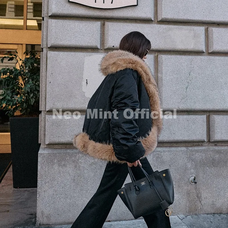 Neo Mint Cozy Girls Furry Shawl Collar Quilted Puffer Bomber Jacket Women Winter Hot Fashion Faux Fur Trim Parkas Coat Outerwear