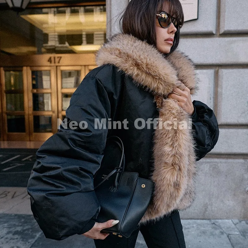 Neo Mint Cozy Girls Furry Shawl Collar Quilted Puffer Bomber Jacket Women Winter Hot Fashion Faux Fur Trim Parkas Coat Outerwear