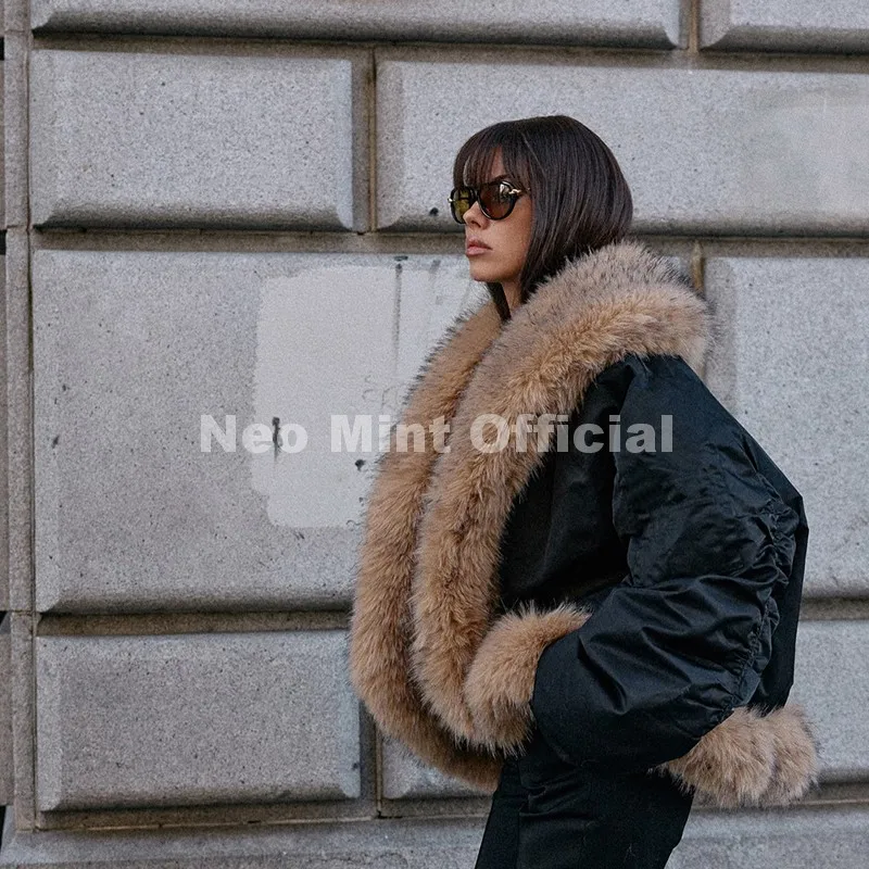 Neo Mint Cozy Girls Furry Shawl Collar Quilted Puffer Bomber Jacket Women Winter Hot Fashion Faux Fur Trim Parkas Coat Outerwear