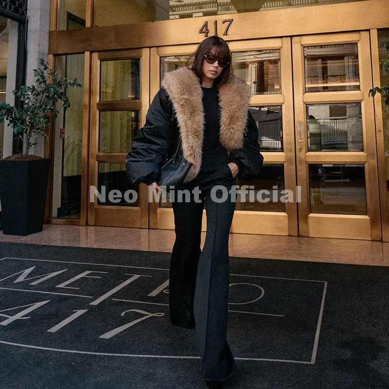 Neo Mint Cozy Girls Furry Shawl Collar Quilted Puffer Bomber Jacket Women Winter Hot Fashion Faux Fur Trim Parkas Coat Outerwear
