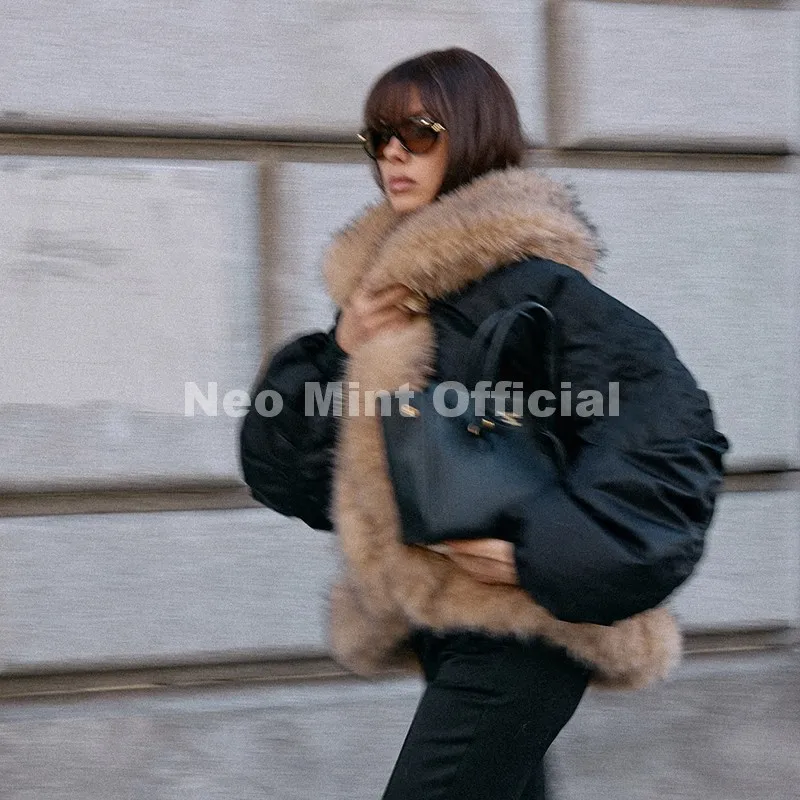 Neo Mint Cozy Girls Furry Shawl Collar Quilted Puffer Bomber Jacket Women Winter Hot Fashion Faux Fur Trim Parkas Coat Outerwear