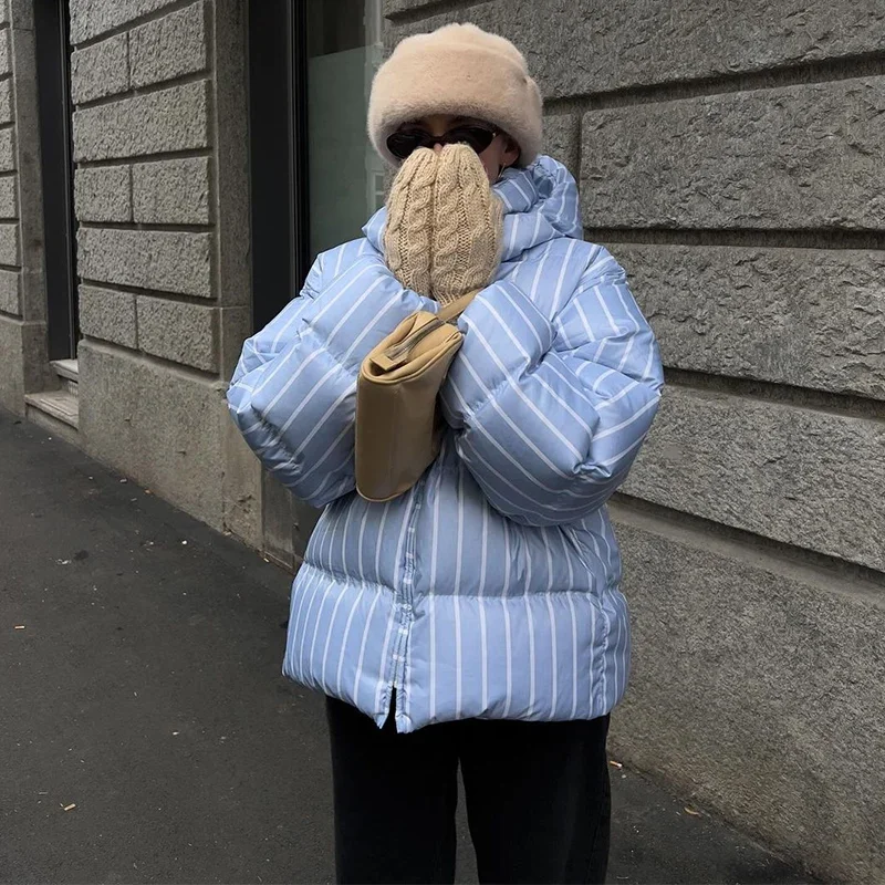 Casual Stripe Women's Padded Jacket Fashion Hooded Zipper Warm Thicken Lady Coats 2025 Autumn Winter Female Street Outwear New