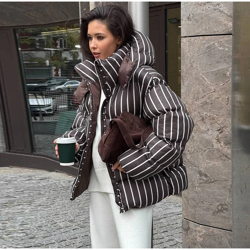 Casual Stripe Women's Padded Jacket Fashion Hooded Zipper Warm Thicken Lady Coats 2025 Autumn Winter Female Street Outwear New