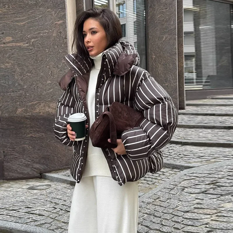 Casual Stripe Women's Padded Jacket Fashion Hooded Zipper Warm Thicken Lady Coats 2025 Autumn Winter Female Street Outwear New