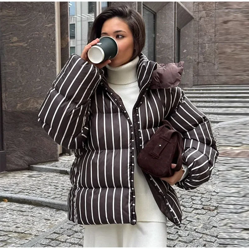 Casual Stripe Women's Padded Jacket Fashion Hooded Zipper Warm Thicken Lady Coats 2025 Autumn Winter Female Street Outwear New