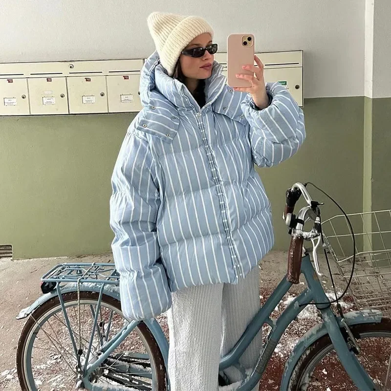 Casual Stripe Women's Padded Jacket Fashion Hooded Zipper Warm Thicken Lady Coats 2025 Autumn Winter Female Street Outwear New