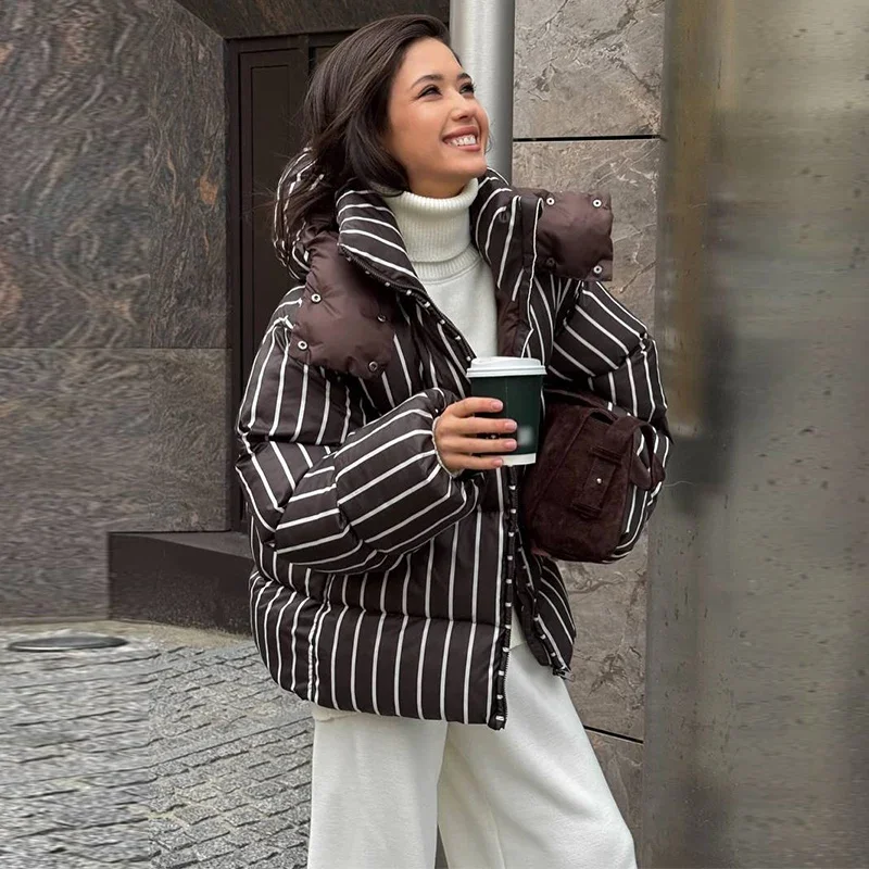 Casual Stripe Women's Padded Jacket Fashion Hooded Zipper Warm Thicken Lady Coats 2025 Autumn Winter Female Street Outwear New