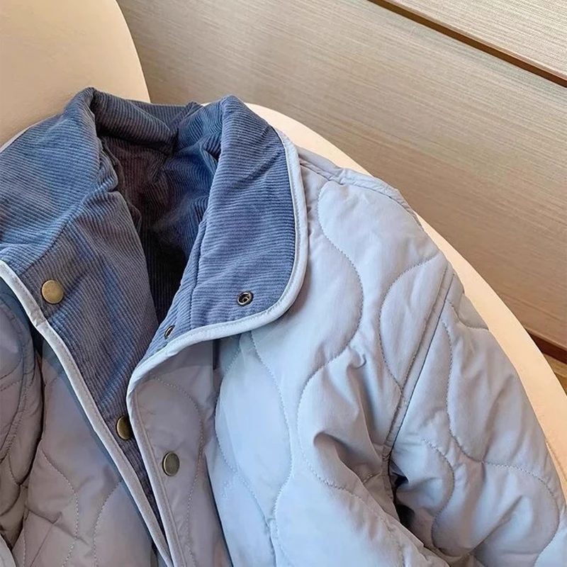 MEXZT Corduroy Parka Women Fashion Patchwork Puffer Jacket Winter Korean Down Coats Long Sleeve Casual Cotton Padded Outerwears