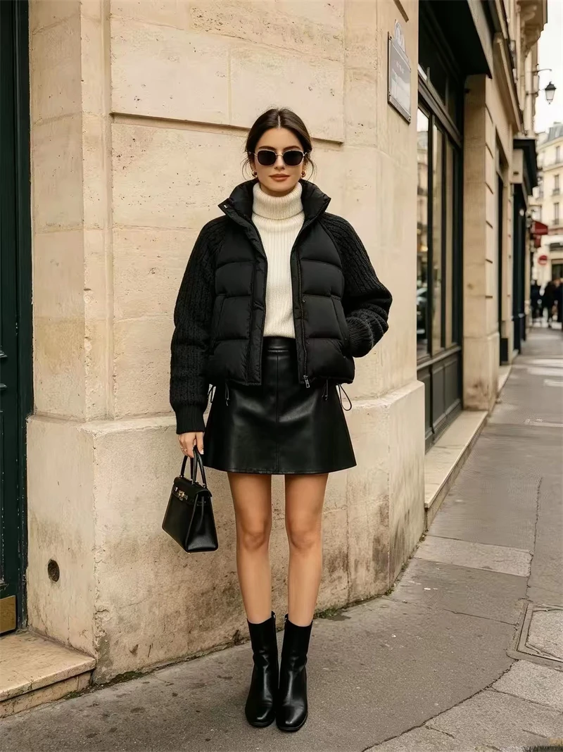 ZAROY Women Casual Puffer Jacket Autumn Knit Sleeve Patchwork Cotton Quilted Coat Stand Collar Trendy Winter Outerwear куртка