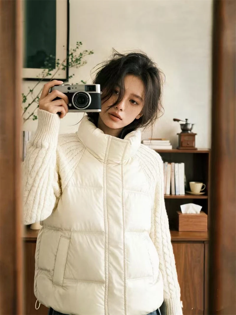 ZAROY Women Casual Puffer Jacket Autumn Knit Sleeve Patchwork Cotton Quilted Coat Stand Collar Trendy Winter Outerwear куртка