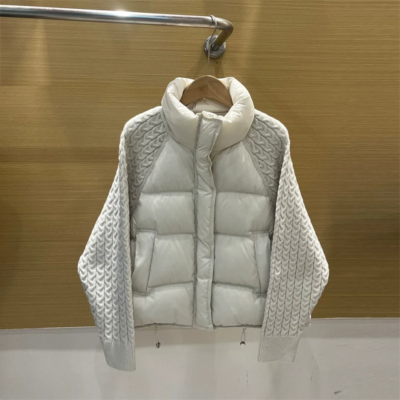 ZAROY Women Casual Puffer Jacket Autumn Knit Sleeve Patchwork Cotton Quilted Coat Stand Collar Trendy Winter Outerwear куртка