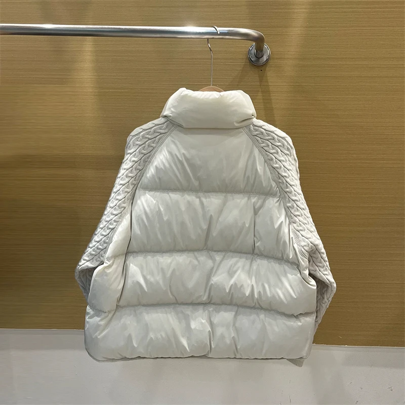ZAROY Women Casual Puffer Jacket Autumn Knit Sleeve Patchwork Cotton Quilted Coat Stand Collar Trendy Winter Outerwear куртка