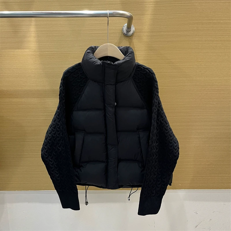 ZAROY Women Casual Puffer Jacket Autumn Knit Sleeve Patchwork Cotton Quilted Coat Stand Collar Trendy Winter Outerwear куртка