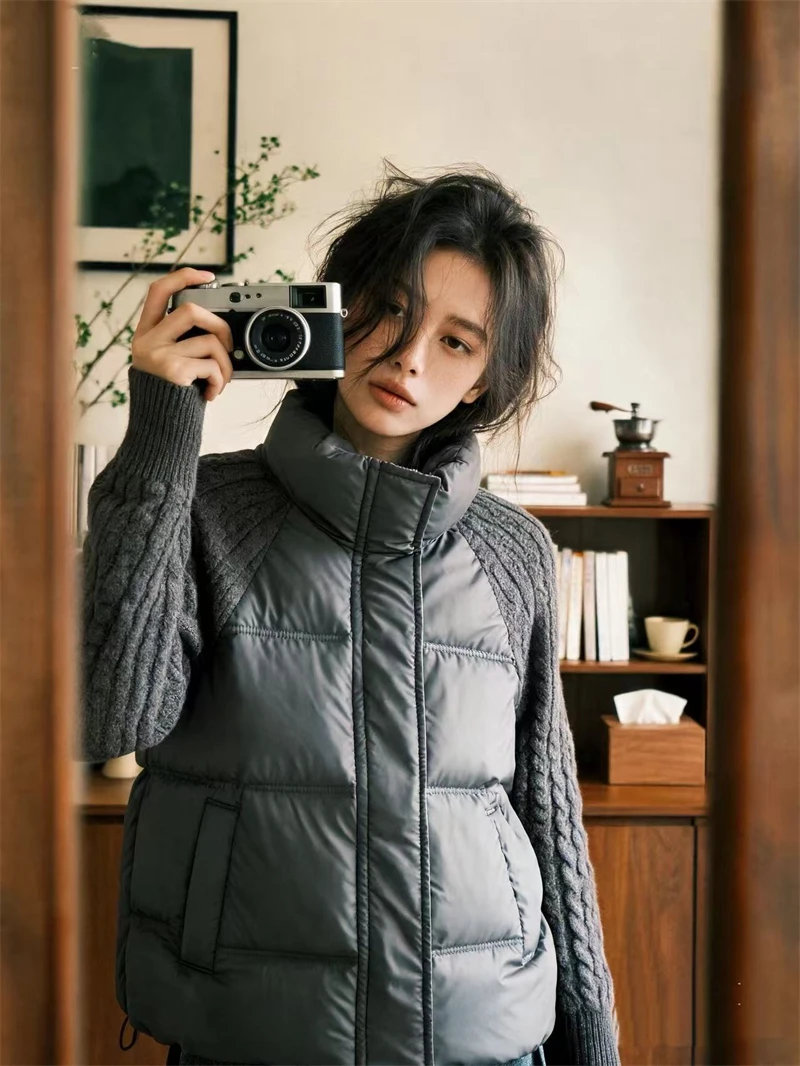 ZAROY Women Casual Puffer Jacket Autumn Knit Sleeve Patchwork Cotton Quilted Coat Stand Collar Trendy Winter Outerwear куртка