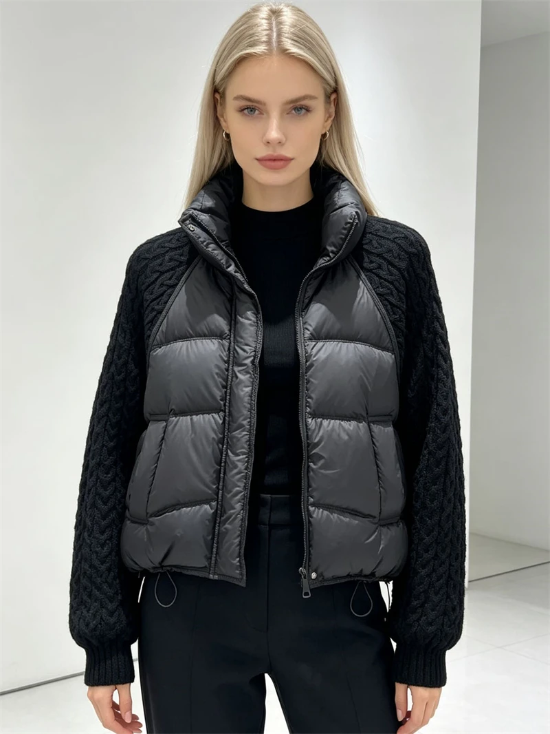 ZAROY Women Casual Puffer Jacket Autumn Knit Sleeve Patchwork Cotton Quilted Coat Stand Collar Trendy Winter Outerwear куртка