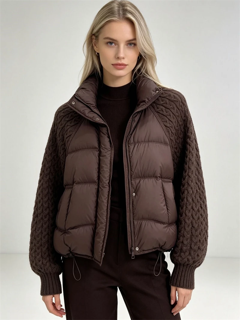 ZAROY Women Casual Puffer Jacket Autumn Knit Sleeve Patchwork Cotton Quilted Coat Stand Collar Trendy Winter Outerwear куртка