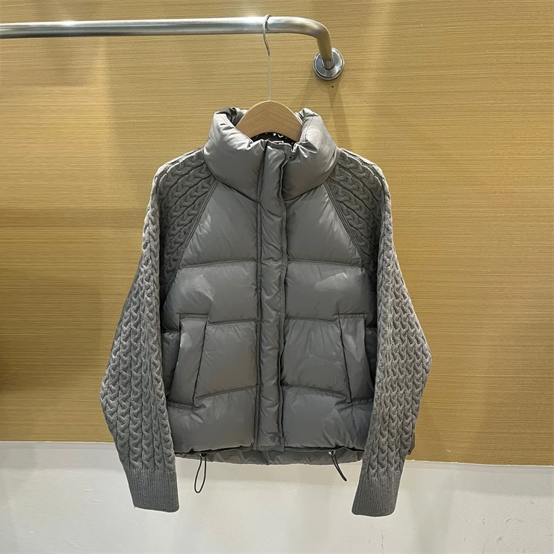 ZAROY Women Casual Puffer Jacket Autumn Knit Sleeve Patchwork Cotton Quilted Coat Stand Collar Trendy Winter Outerwear куртка