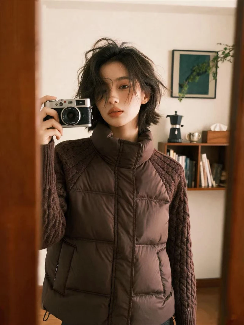 ZAROY Women Casual Puffer Jacket Autumn Knit Sleeve Patchwork Cotton Quilted Coat Stand Collar Trendy Winter Outerwear куртка
