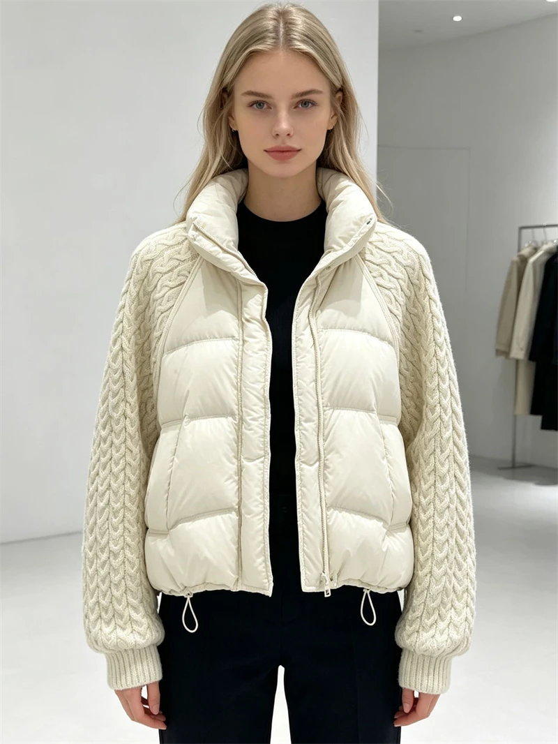 ZAROY Women Casual Puffer Jacket Autumn Knit Sleeve Patchwork Cotton Quilted Coat Stand Collar Trendy Winter Outerwear куртка
