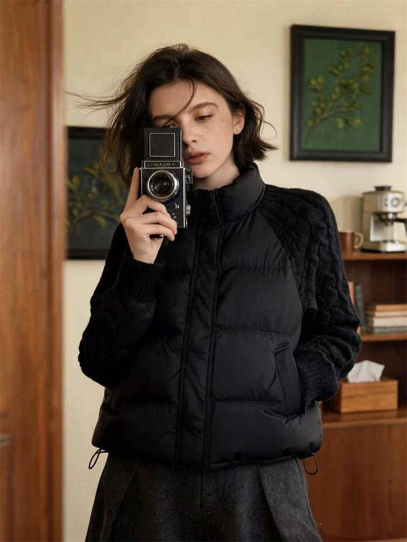 ZAROY Women Casual Puffer Jacket Autumn Knit Sleeve Patchwork Cotton Quilted Coat Stand Collar Trendy Winter Outerwear куртка