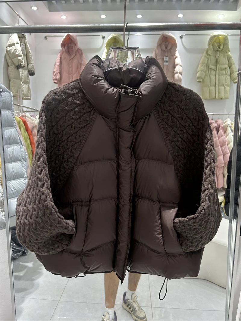 ZAROY Women Casual Puffer Jacket Autumn Knit Sleeve Patchwork Cotton Quilted Coat Stand Collar Trendy Winter Outerwear куртка
