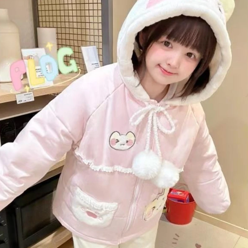 Japanese Kawaii Cartoon Embroidery Parkas Coat Women Sweet Plush Ball Cat Ears Hooded Jackets Y2k Winter Warm Lolita Padded Tops