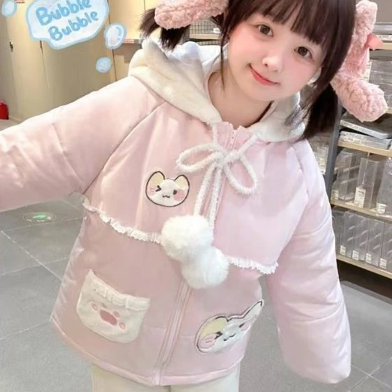 Japanese Kawaii Cartoon Embroidery Parkas Coat Women Sweet Plush Ball Cat Ears Hooded Jackets Y2k Winter Warm Lolita Padded Tops