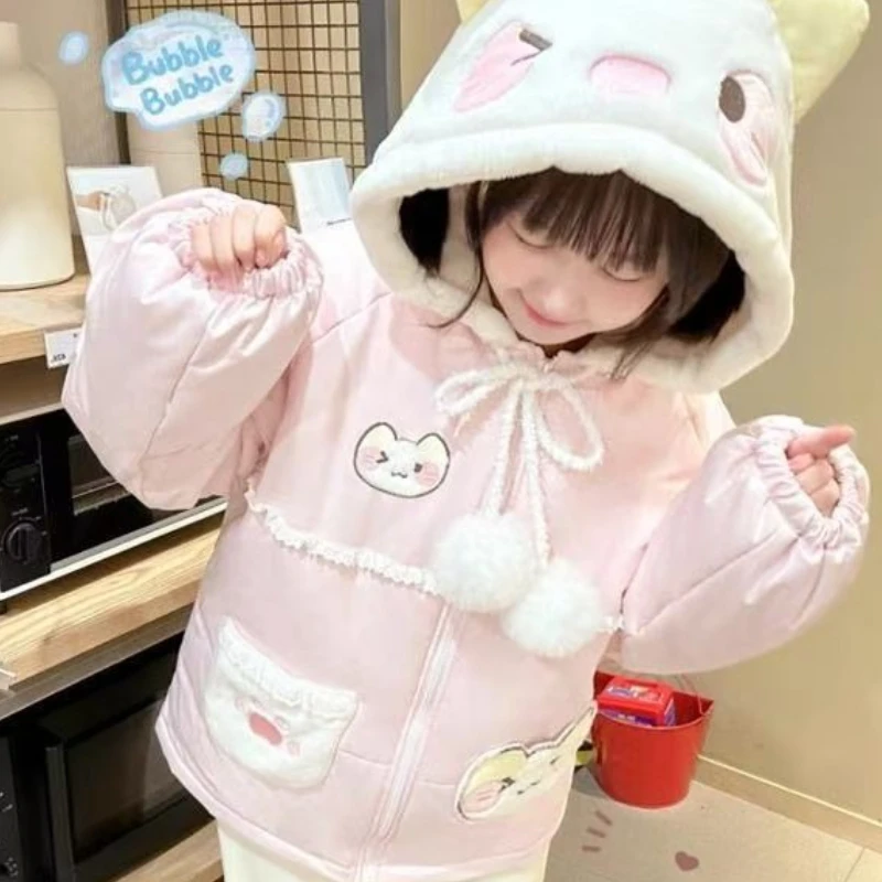 Japanese Kawaii Cartoon Embroidery Parkas Coat Women Sweet Plush Ball Cat Ears Hooded Jackets Y2k Winter Warm Lolita Padded Tops