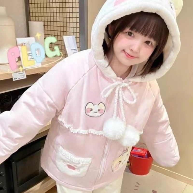 Japanese Kawaii Cartoon Embroidery Parkas Coat Women Sweet Plush Ball Cat Ears Hooded Jackets Y2k Winter Warm Lolita Padded Tops