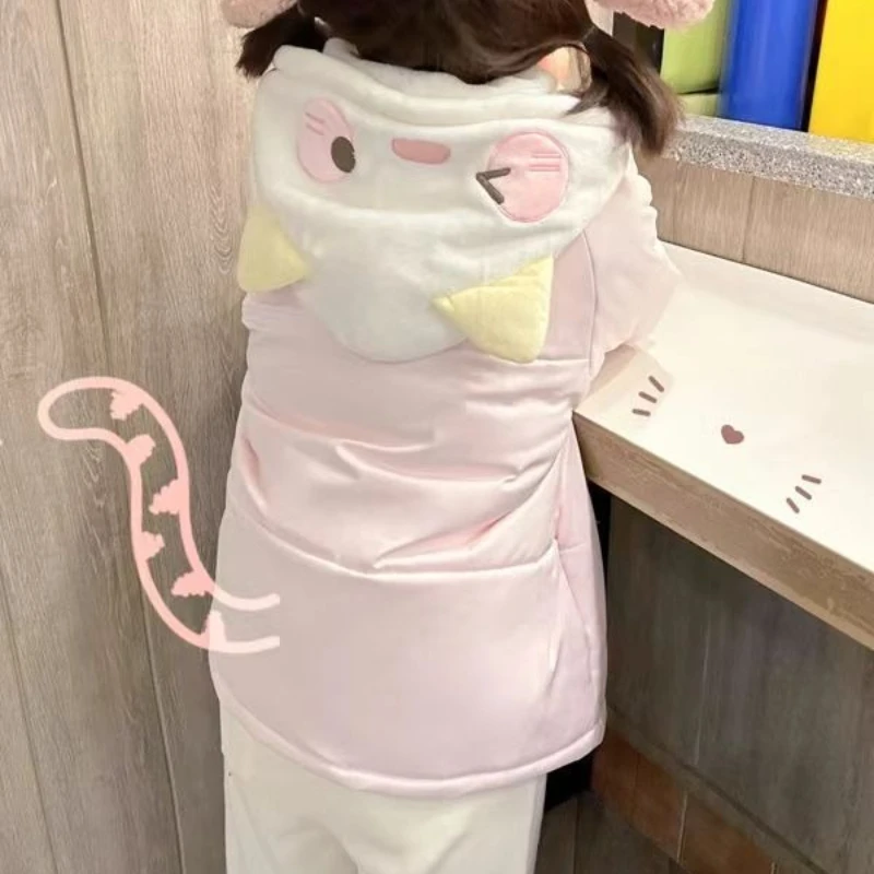 Japanese Kawaii Cartoon Embroidery Parkas Coat Women Sweet Plush Ball Cat Ears Hooded Jackets Y2k Winter Warm Lolita Padded Tops