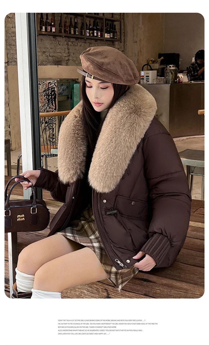2026 Fashion Big Fur Collar Down Cotton-padded Jacket Women's Short Parkas Winter Streetwear Outerwear Lady Thicken Loose Coats