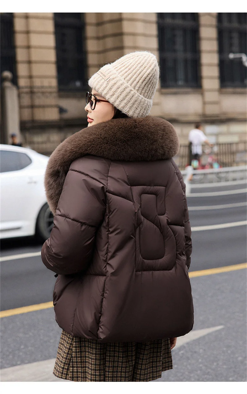 2026 Fashion Big Fur Collar Down Cotton-padded Jacket Women's Short Parkas Winter Streetwear Outerwear Lady Thicken Loose Coats