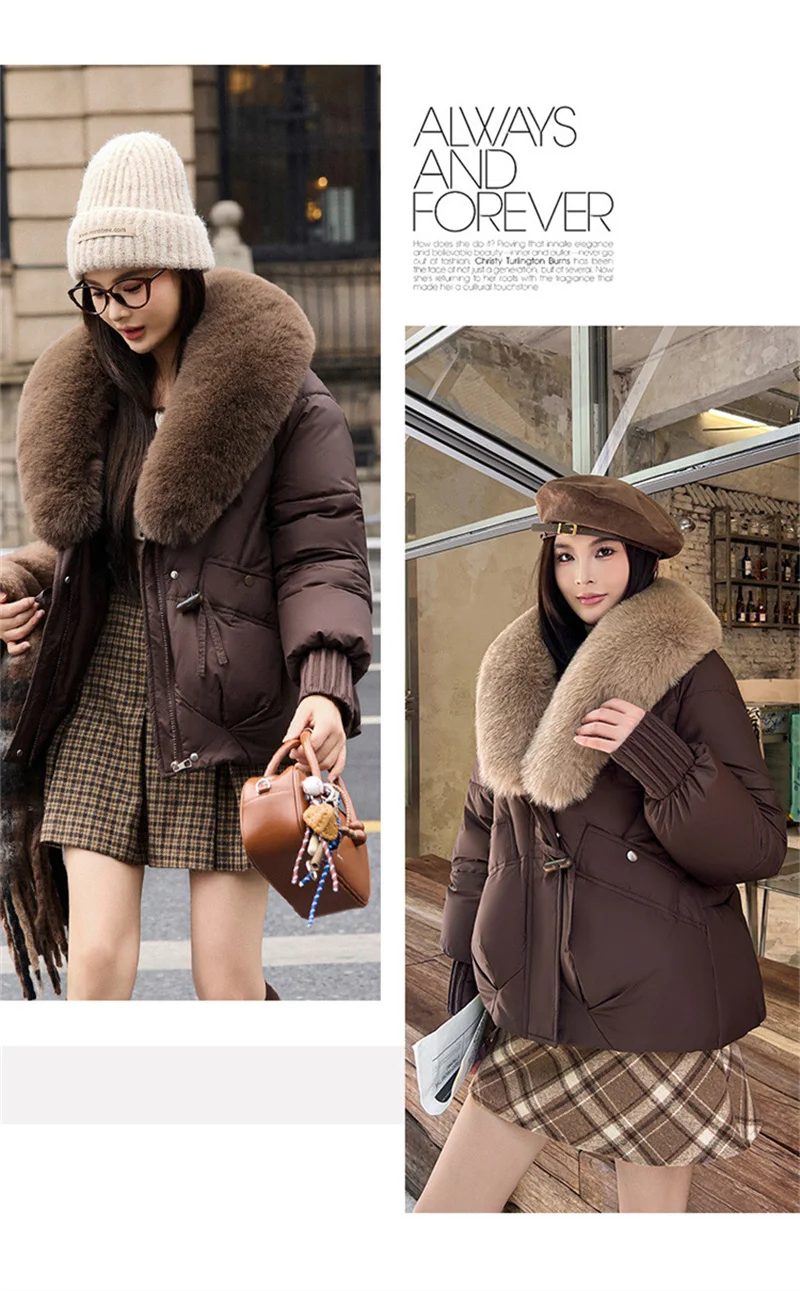 2026 Fashion Big Fur Collar Down Cotton-padded Jacket Women's Short Parkas Winter Streetwear Outerwear Lady Thicken Loose Coats