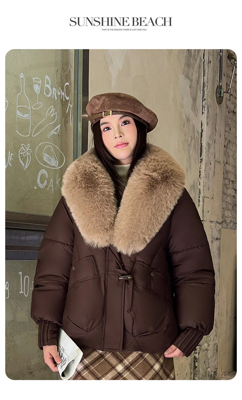 2026 Fashion Big Fur Collar Down Cotton-padded Jacket Women's Short Parkas Winter Streetwear Outerwear Lady Thicken Loose Coats