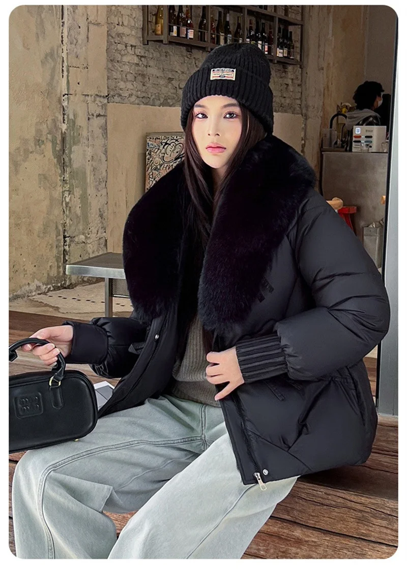 2026 Fashion Big Fur Collar Down Cotton-padded Jacket Women's Short Parkas Winter Streetwear Outerwear Lady Thicken Loose Coats